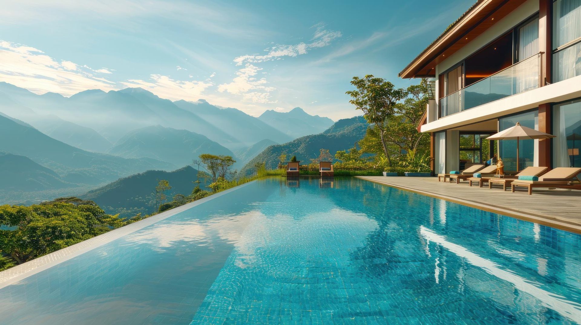 Infinity pool overlooking a mountain valley at a luxury resort